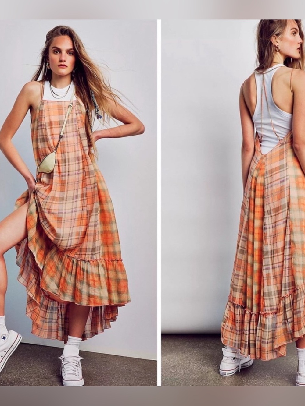 Free People Raine Plaid High Low Ruffle Hem Sundress Slip Orange Sunset Low Back